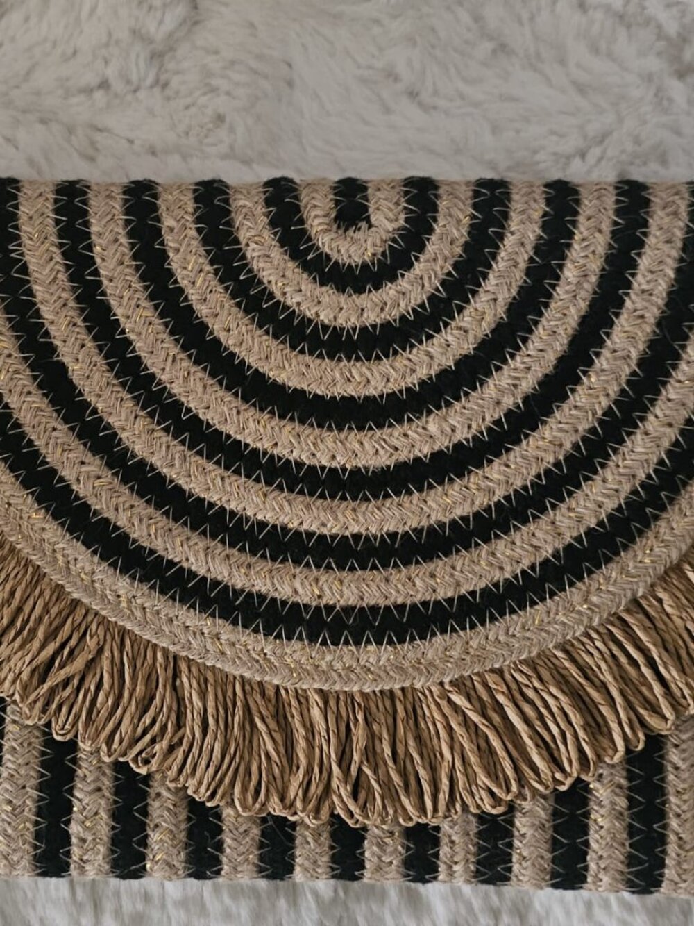 Boho Braided Jute Fringed Clutch – Black & Natural Striped Straw Bag